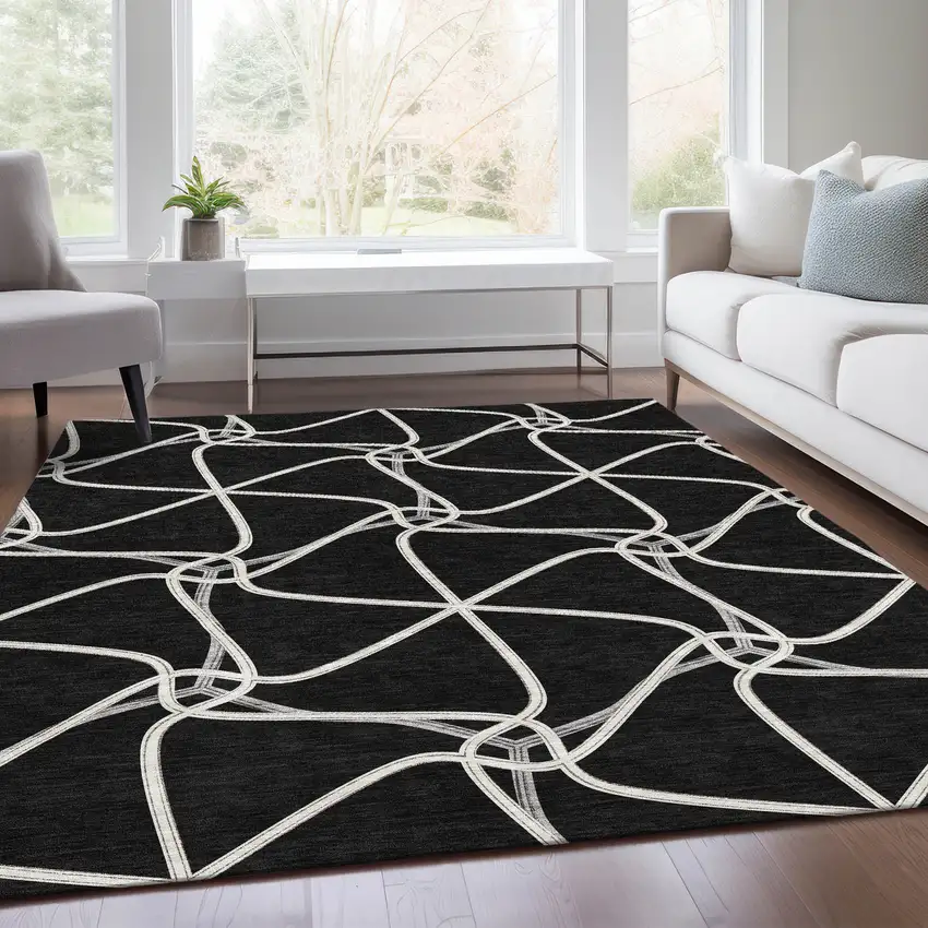Black And Ivory Geometric Washable Area Rug With UV Protection Photo 5