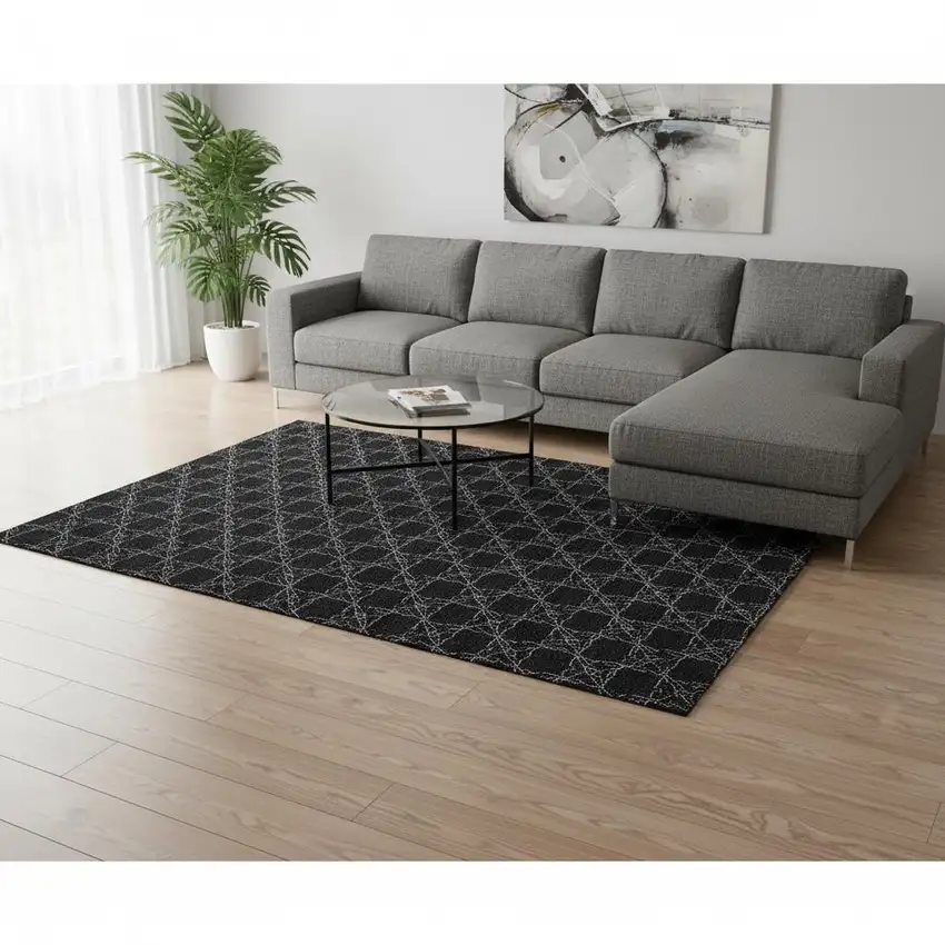 Black And Ivory Geometric Washable Area Rug With UV Protection Photo 2