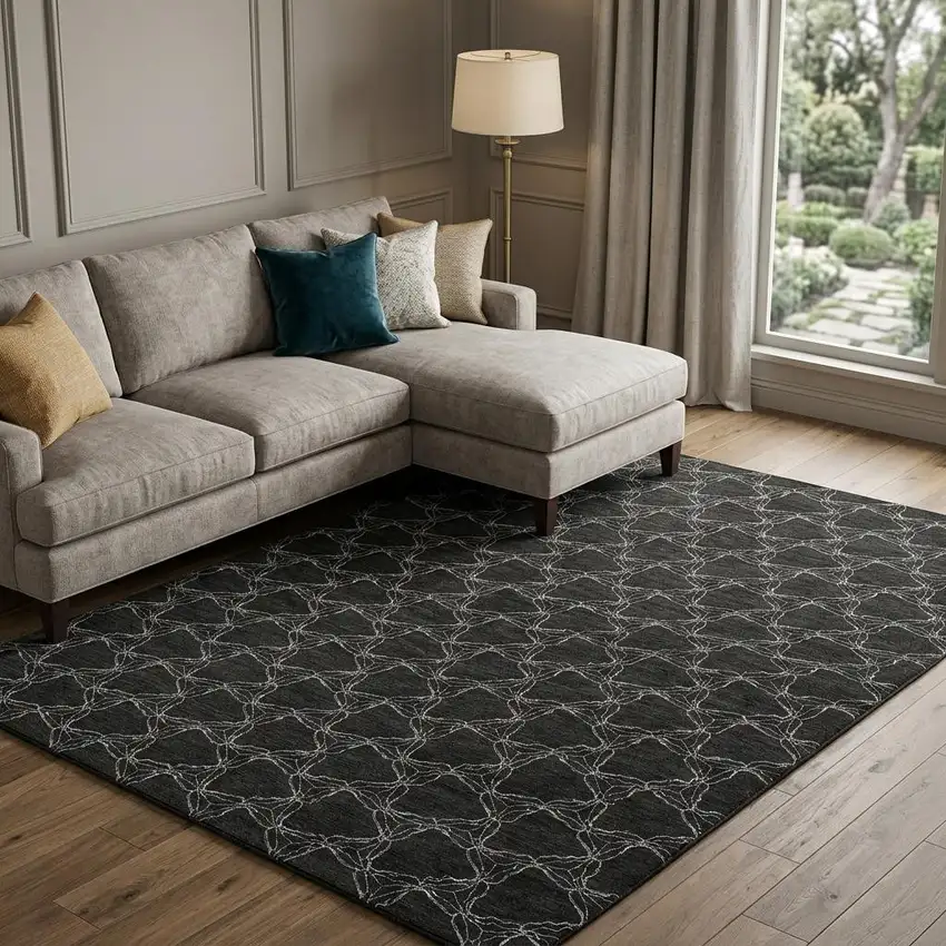 Black And Ivory Geometric Washable Area Rug With UV Protection Photo 1