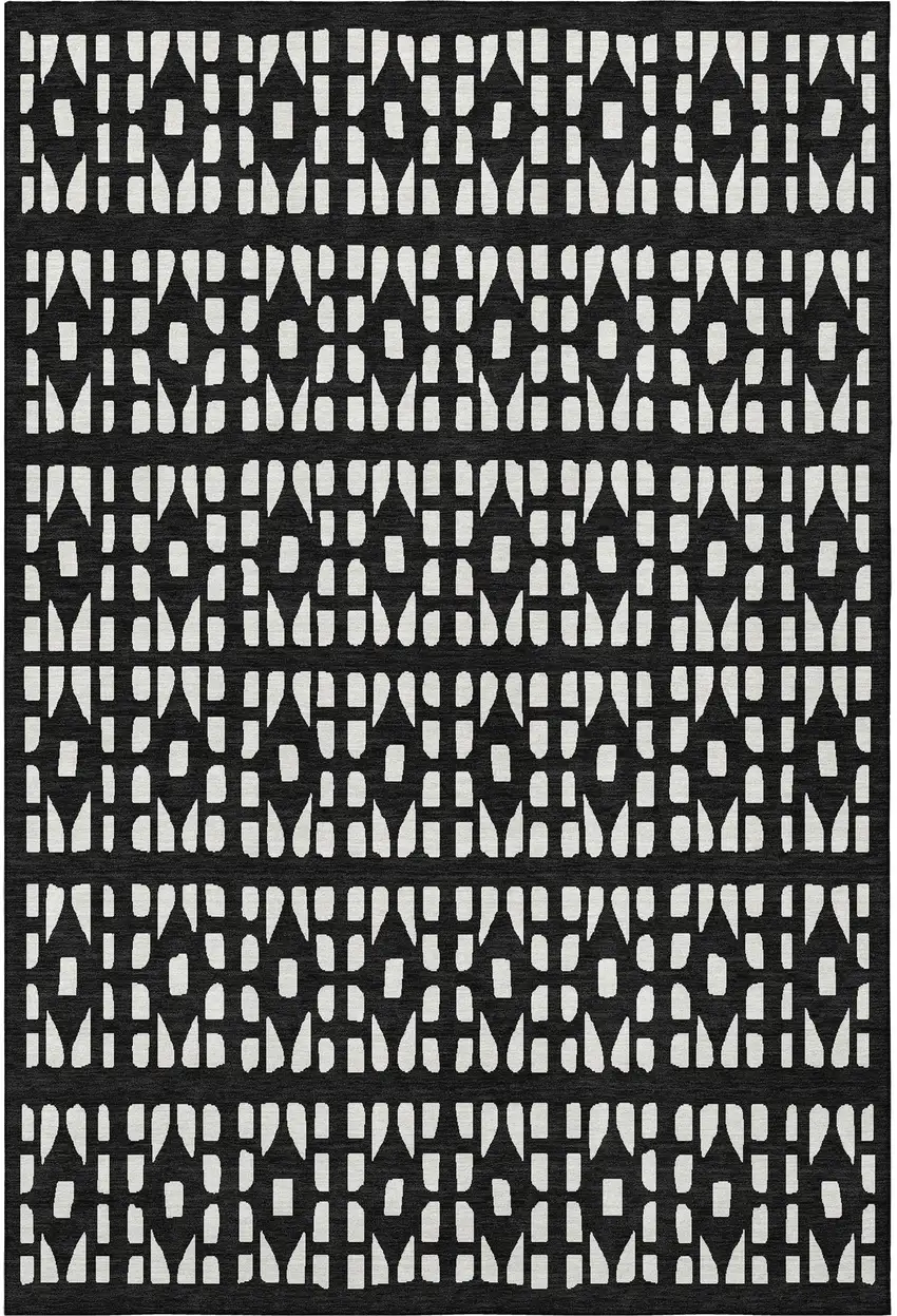 Black And Ivory Geometric Washable Area Rug With UV Protection Photo 3