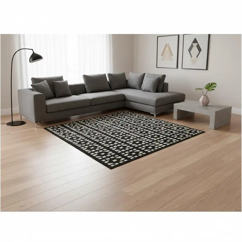 Black And Ivory Geometric Washable Area Rug With UV Protection Photo 2