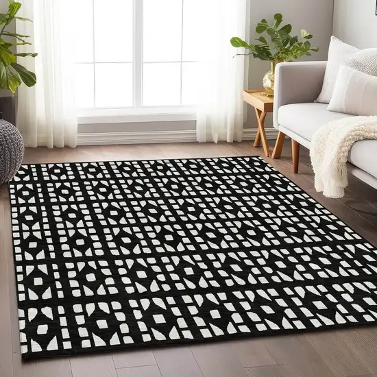 Black And Ivory Geometric Washable Area Rug With UV Protection Photo 4