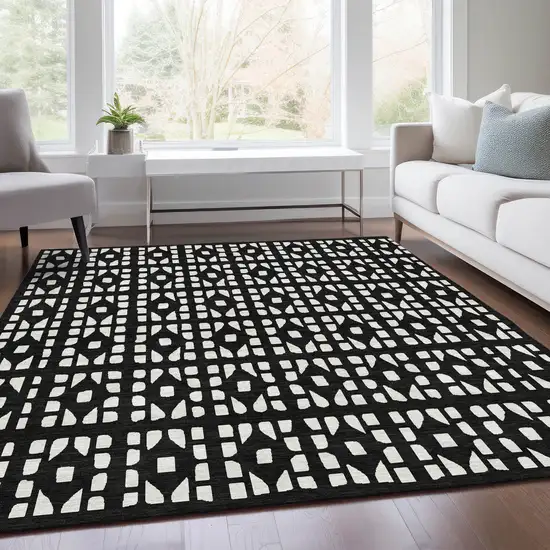 Black And Ivory Geometric Washable Area Rug With UV Protection Photo 5