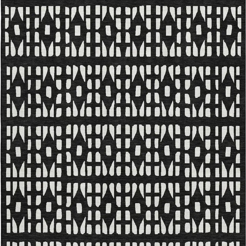 Black And Ivory Geometric Washable Area Rug With UV Protection Photo 3
