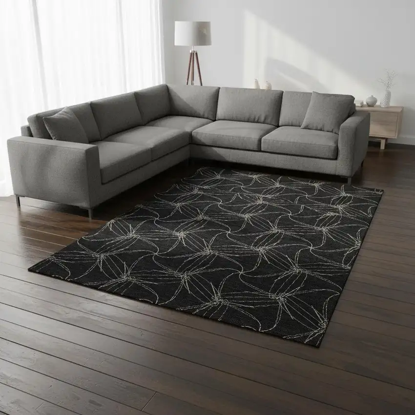 Black And Ivory Geometric Washable Area Rug With UV Protection Photo 2