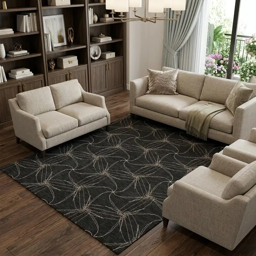 Black And Ivory Geometric Washable Area Rug With UV Protection Photo 1