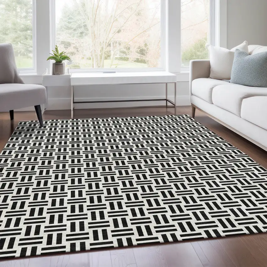 Black And Ivory Geometric Washable Area Rug With UV Protection Photo 5