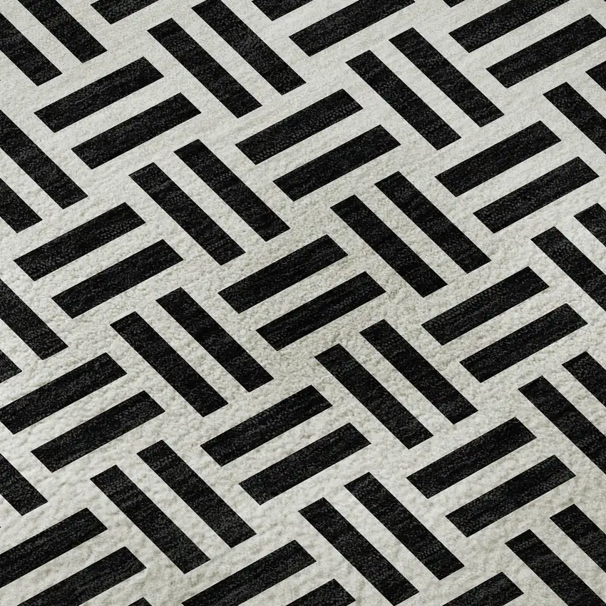 Black And Ivory Geometric Washable Area Rug With UV Protection Photo 9