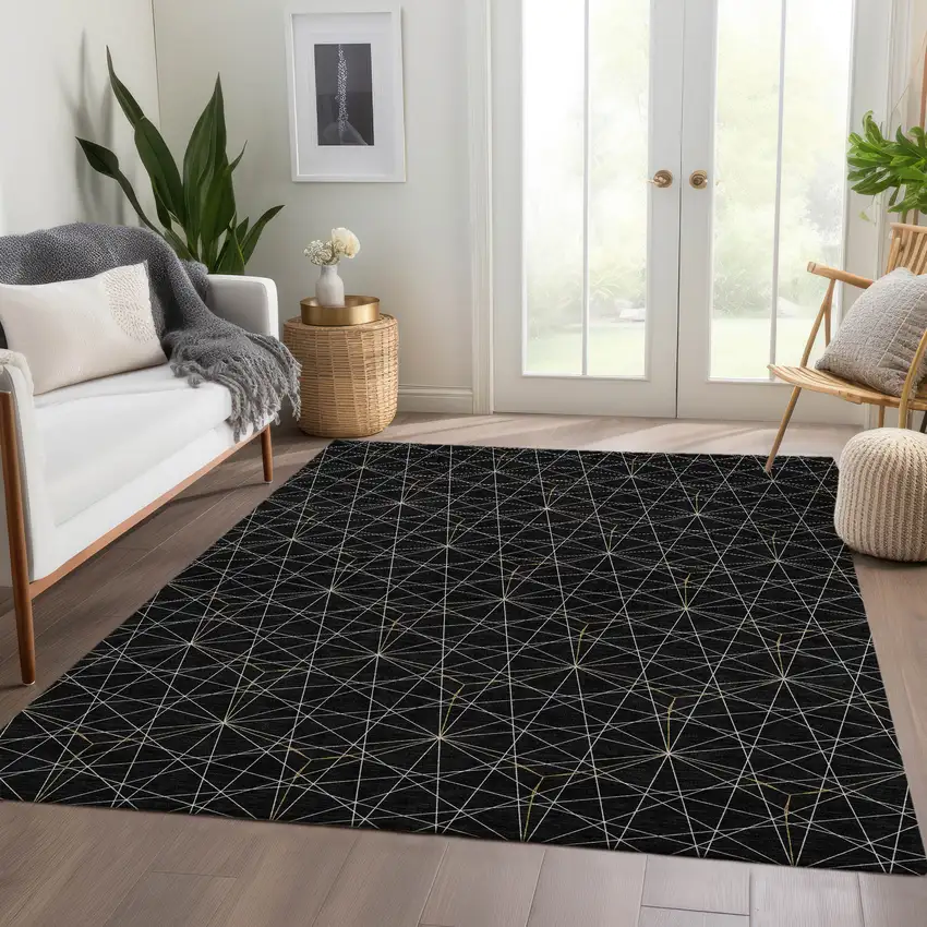 Black And Ivory Geometric Washable Area Rug With UV Protection Photo 5