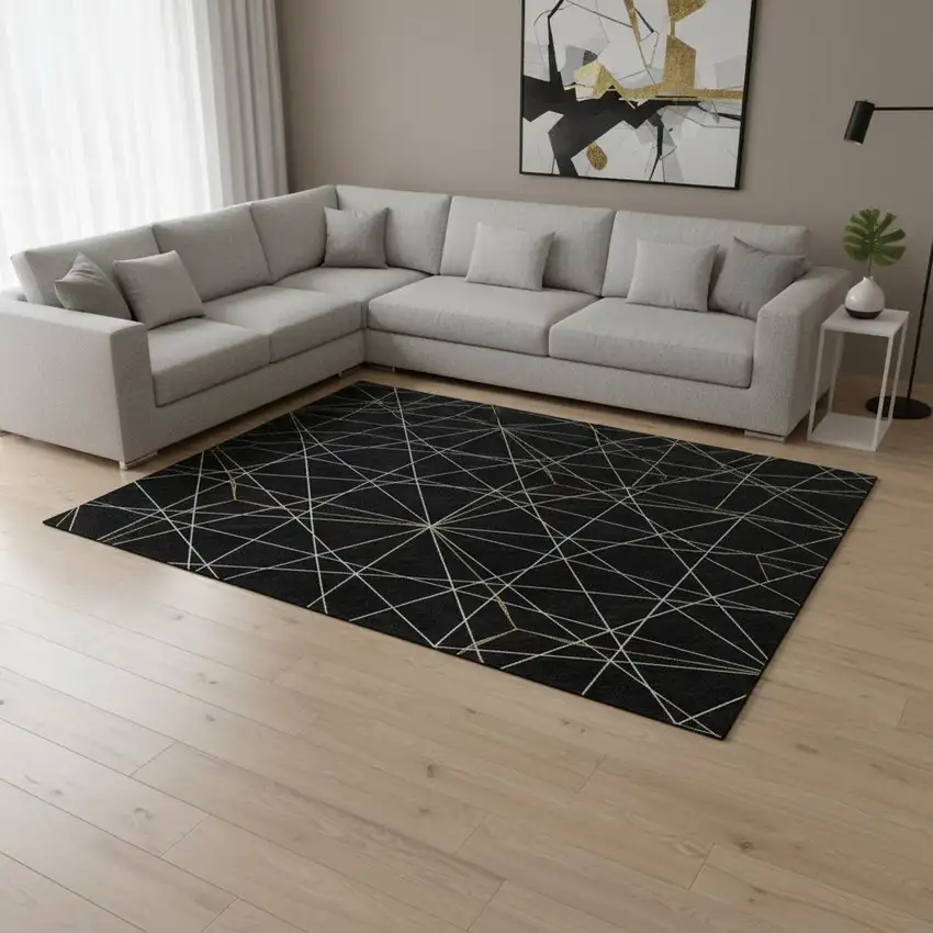 Black And Ivory Geometric Washable Area Rug With UV Protection Photo 2