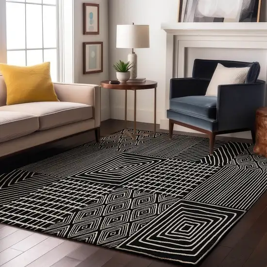 Black And Ivory Geometric Washable Area Rug With UV Protection Photo 3