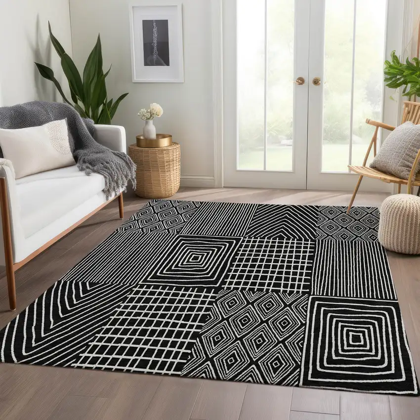 Black And Ivory Geometric Washable Area Rug With UV Protection Photo 5
