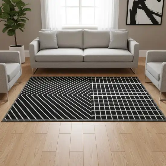 Black And Ivory Geometric Washable Area Rug With UV Protection Photo 2