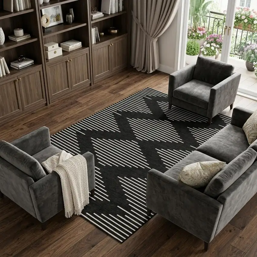Black And Ivory Geometric Washable Area Rug With UV Protection Photo 1