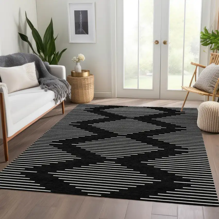 Black And Ivory Geometric Washable Area Rug With UV Protection Photo 5