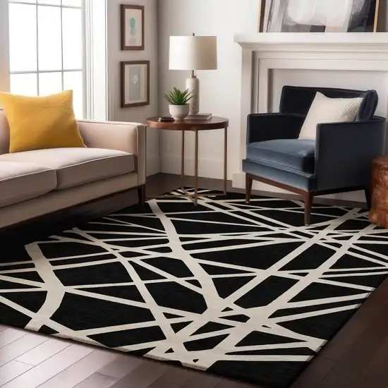 Black And Ivory Geometric Washable Area Rug With UV Protection Photo 4