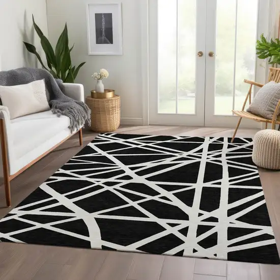 Black And Ivory Geometric Washable Area Rug With UV Protection Photo 5
