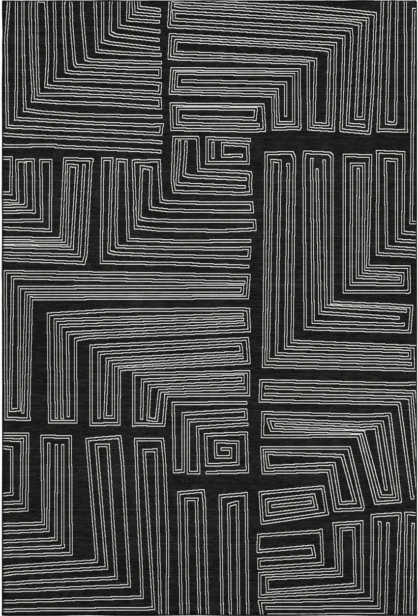 Black And Ivory Geometric Washable Area Rug With UV Protection Photo 1