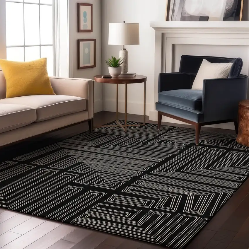 Black And Ivory Geometric Washable Area Rug With UV Protection Photo 4