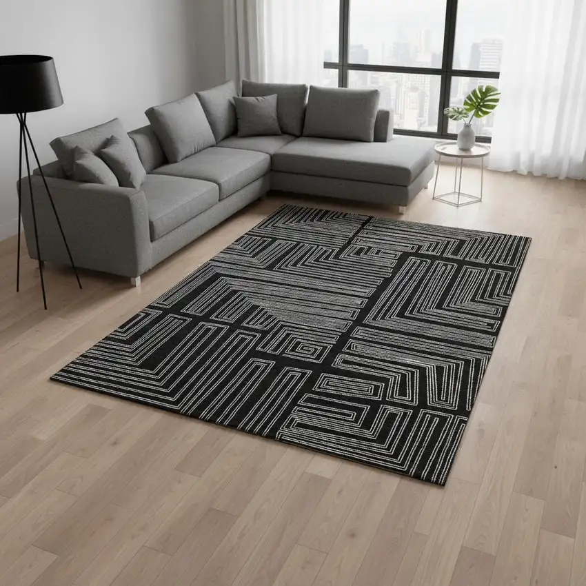 Black And Ivory Geometric Washable Area Rug With UV Protection Photo 2
