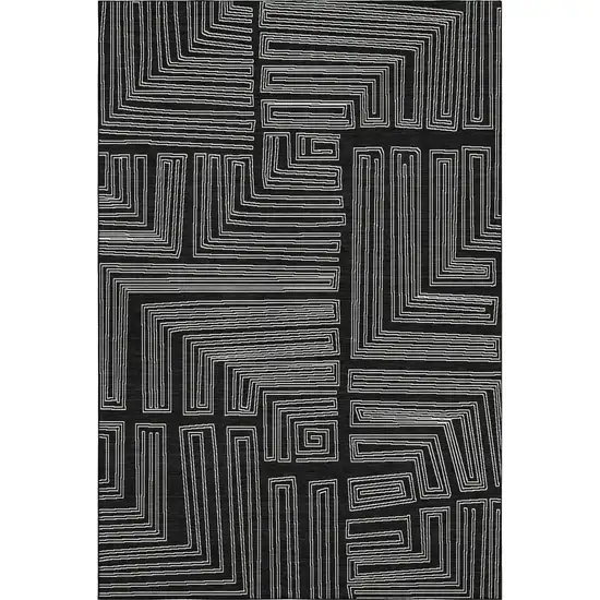 Black And Ivory Geometric Washable Area Rug With UV Protection Photo 1
