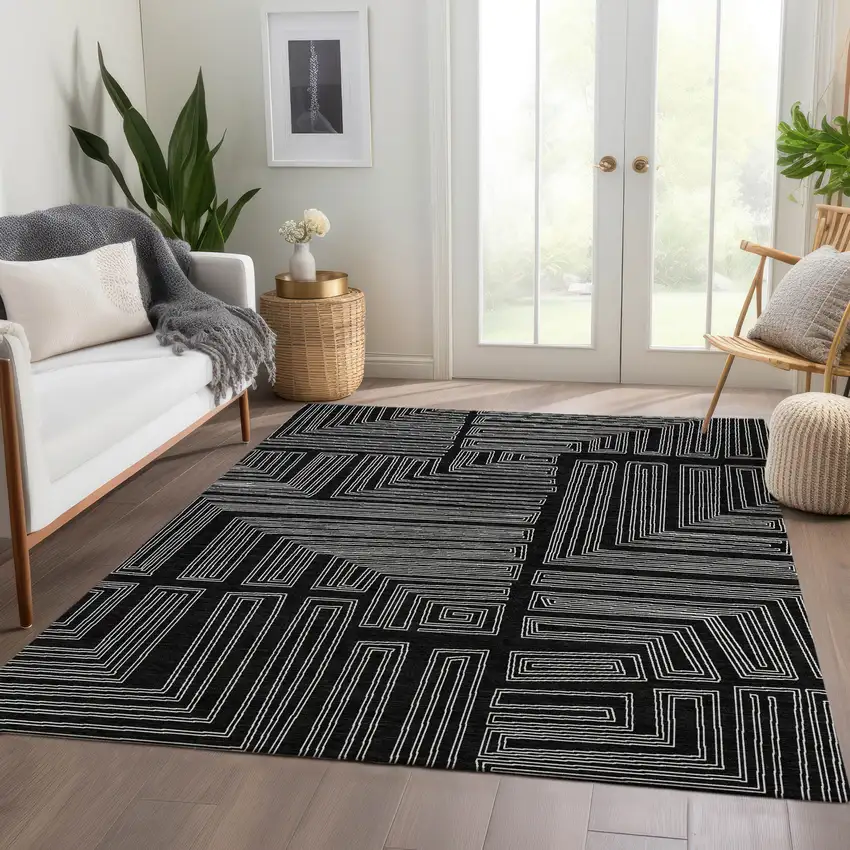 Black And Ivory Geometric Washable Area Rug With UV Protection Photo 5