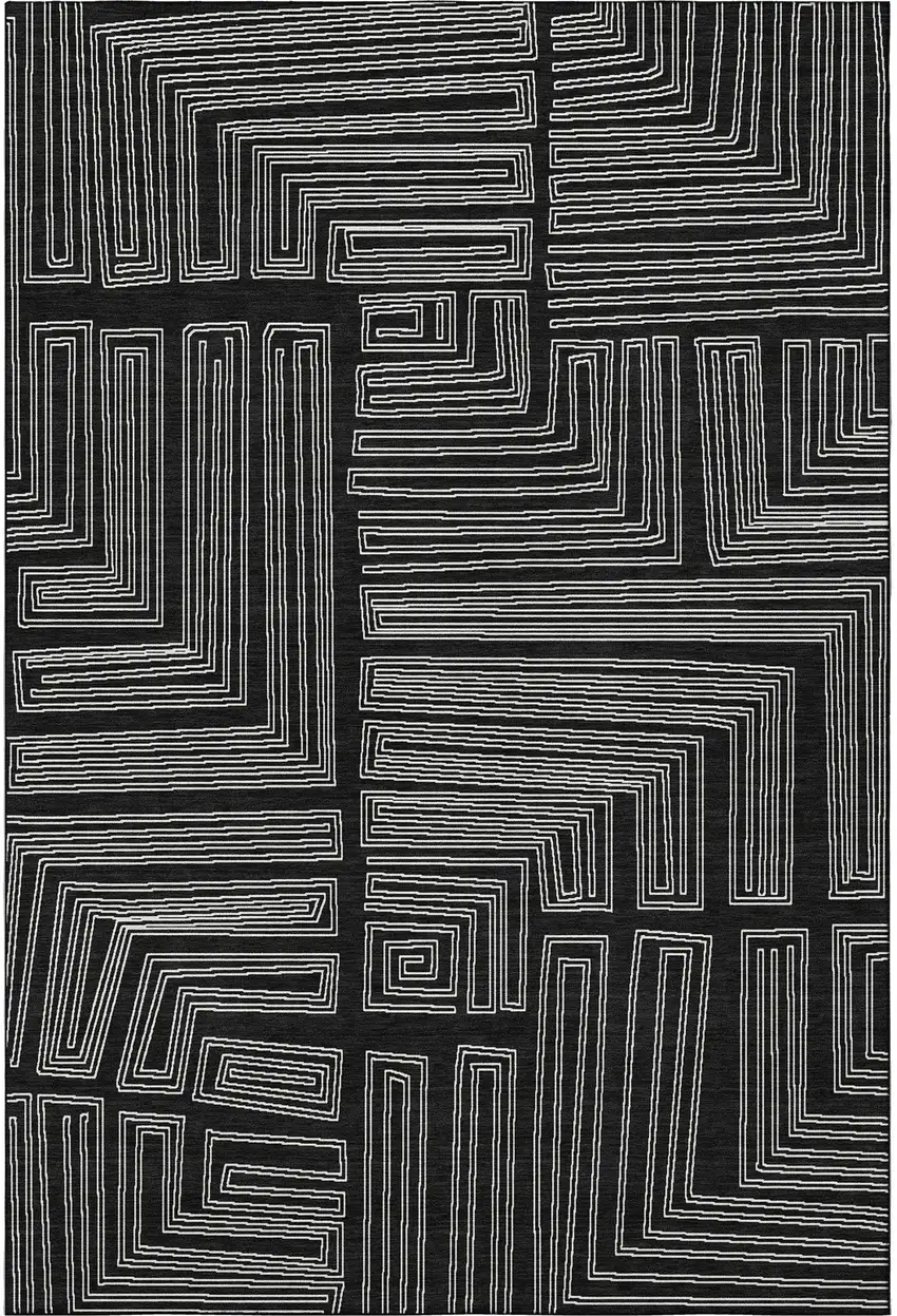 Black And Ivory Geometric Washable Area Rug With UV Protection Photo 3