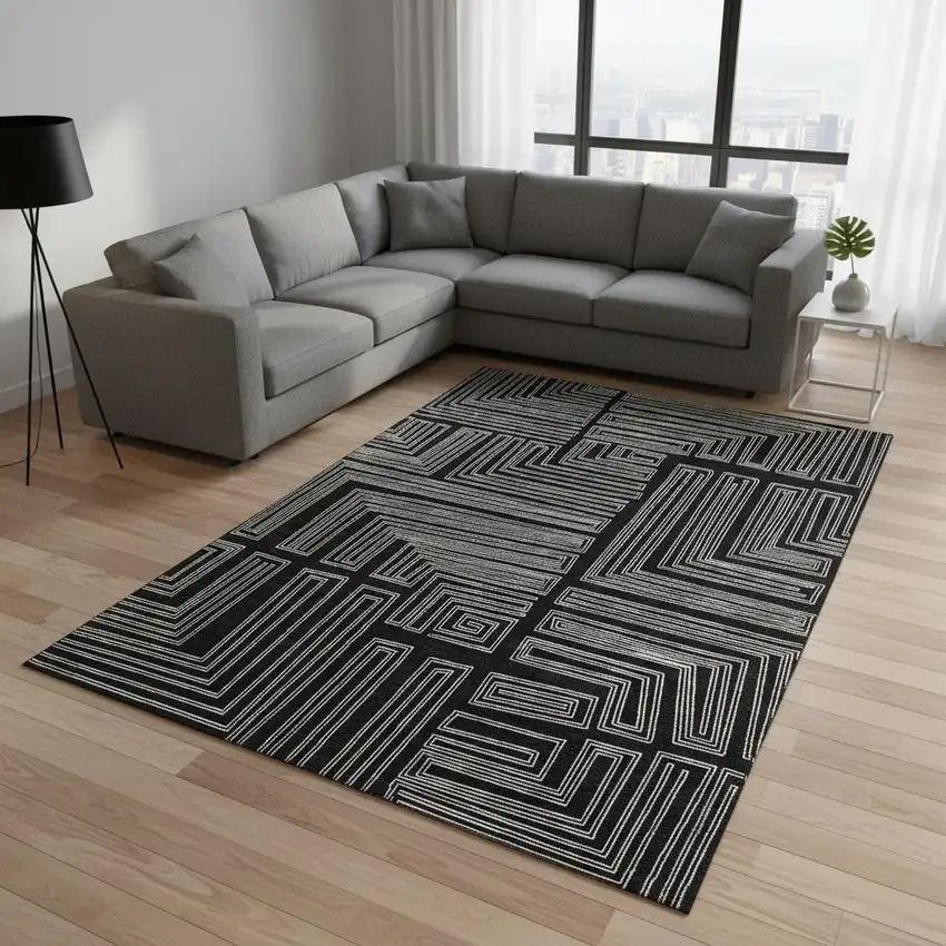 Black And Ivory Geometric Washable Area Rug With UV Protection Photo 2