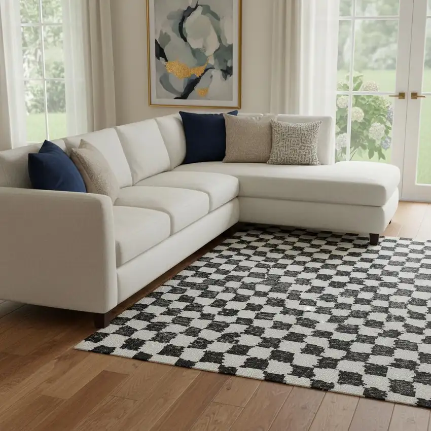 Black And Ivory Geometric Washable Area Rug With UV Protection Photo 2