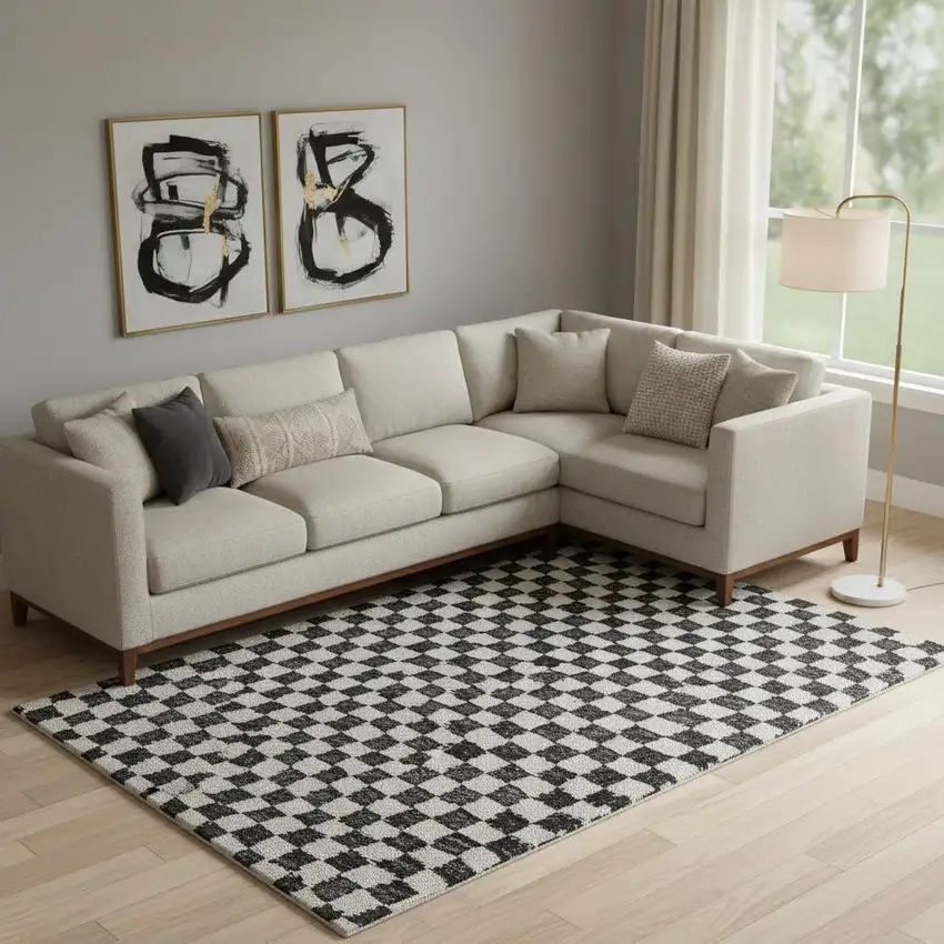 Black And Ivory Geometric Washable Area Rug With UV Protection Photo 2