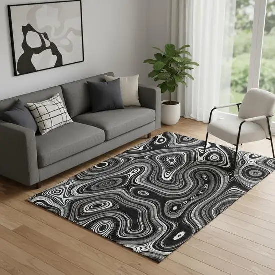 Black And Ivory Geometric Washable Area Rug With UV Protection Photo 2