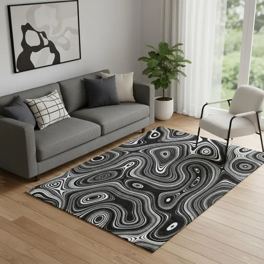 Black And Ivory Geometric Washable Area Rug With UV Protection Photo 2