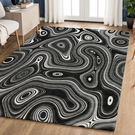 Black And Ivory Geometric Washable Area Rug With UV Protection Photo 6