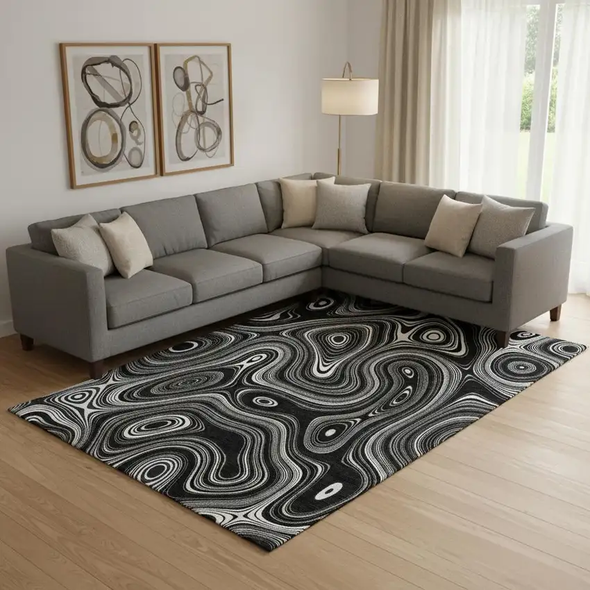 Black And Ivory Geometric Washable Area Rug With UV Protection Photo 2