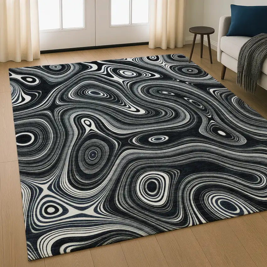 Black And Ivory Geometric Washable Area Rug With UV Protection Photo 5