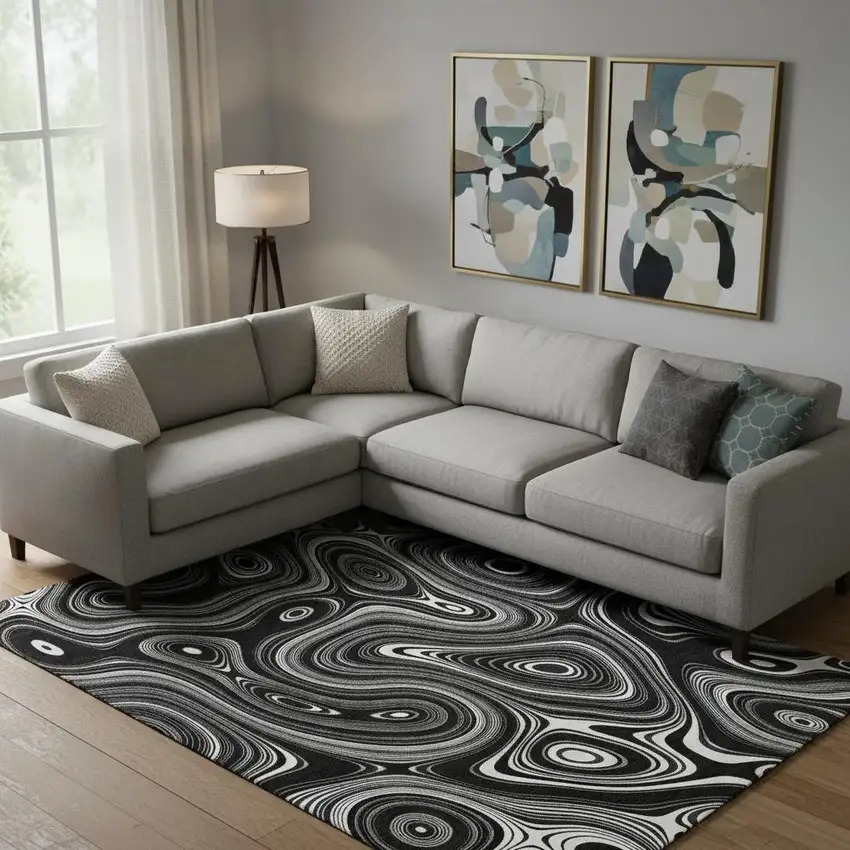 Black And Ivory Geometric Washable Area Rug With UV Protection Photo 2