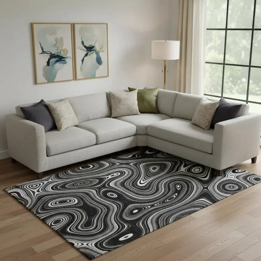Black And Ivory Geometric Washable Area Rug With UV Protection Photo 2