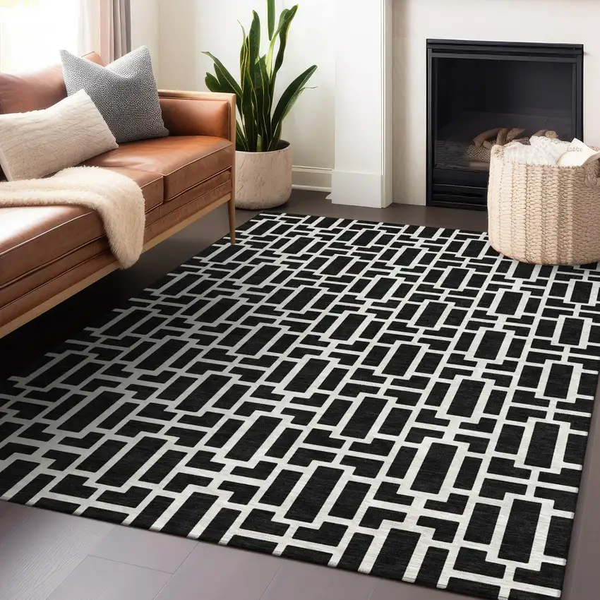 Black And Ivory Geometric Washable Indoor Outdoor Area Rug Photo 9