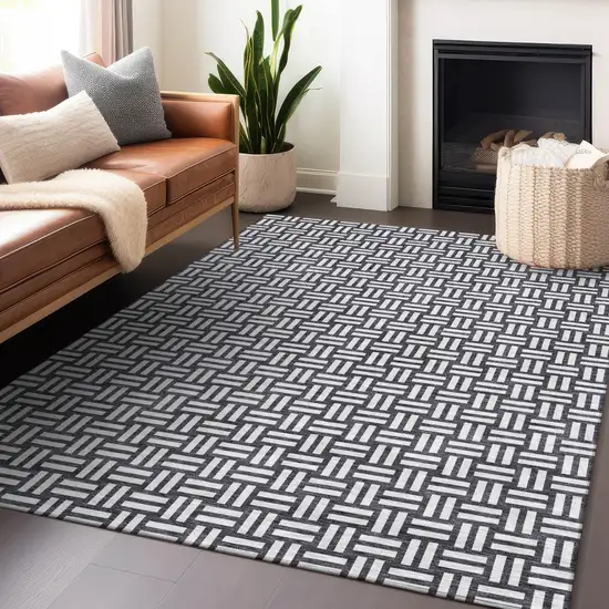Black And Ivory Geometric Washable Indoor Outdoor Area Rug Photo 9