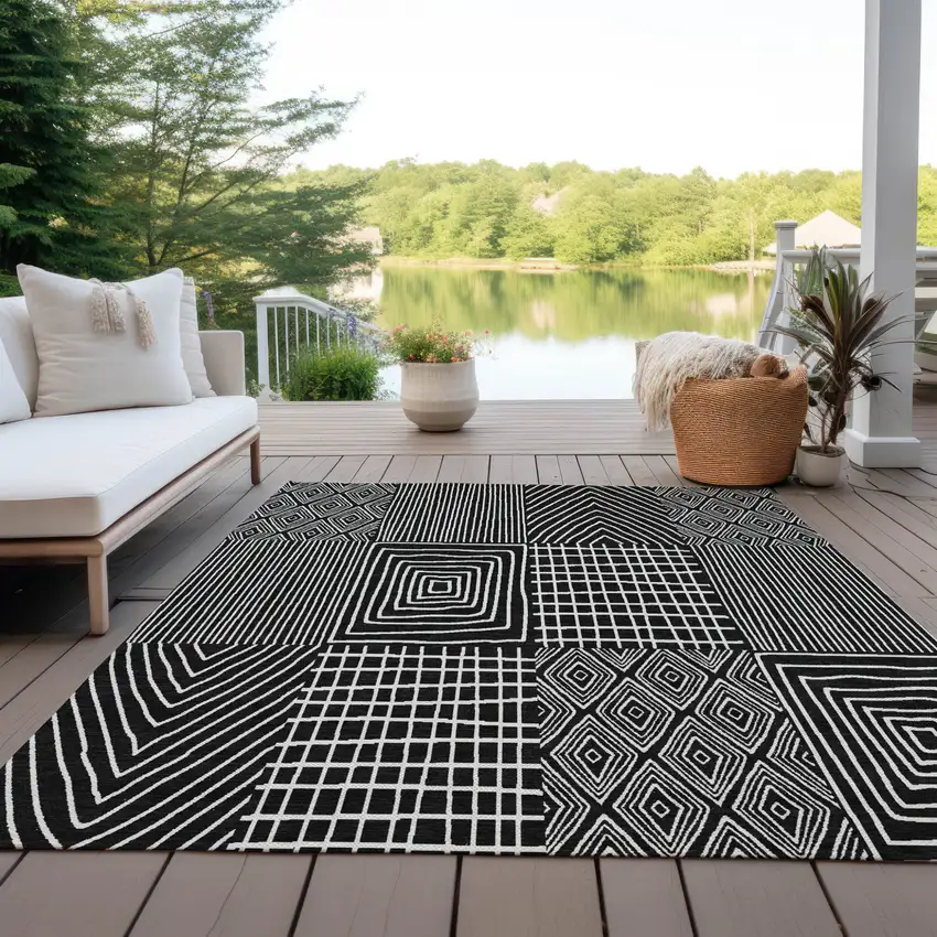 Black And Ivory Geometric Washable Indoor Outdoor Area Rug Photo 9
