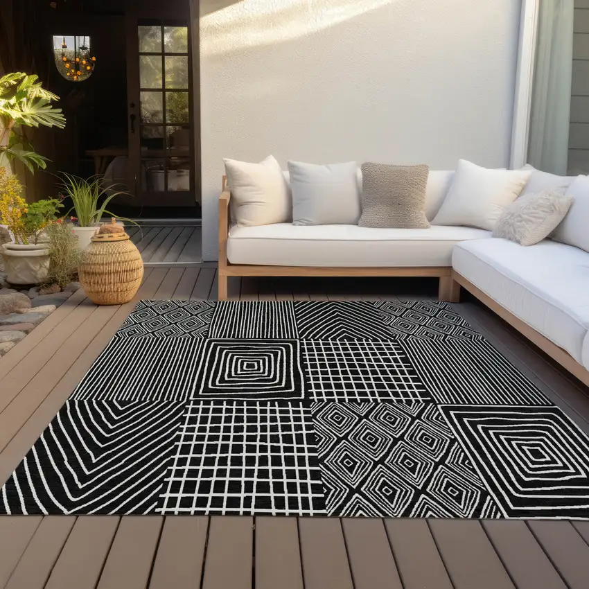 Black And Ivory Geometric Washable Indoor Outdoor Area Rug Photo 8