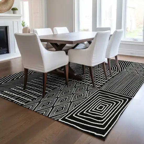 Black And Ivory Geometric Washable Indoor Outdoor Area Rug Photo 9