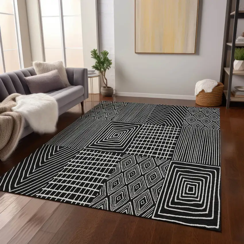 Black And Ivory Geometric Washable Indoor Outdoor Area Rug Photo 9