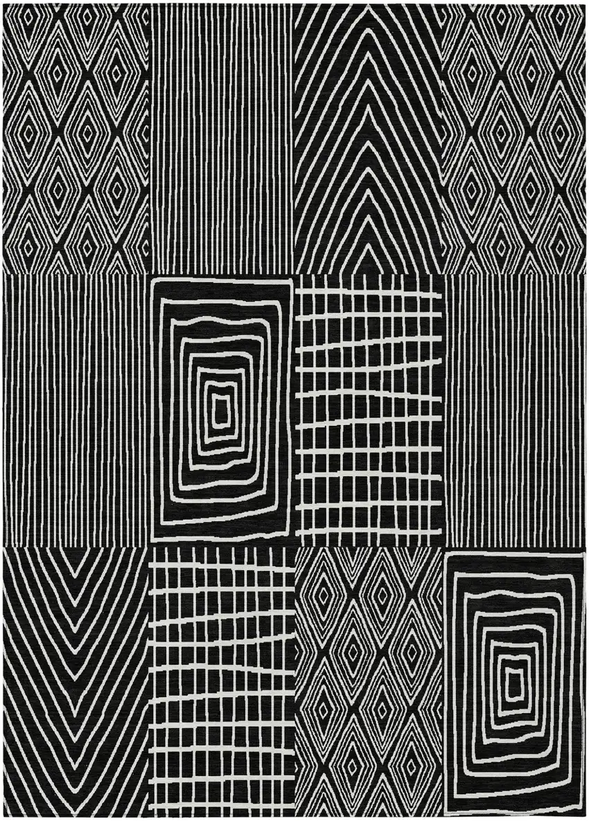 Black And Ivory Geometric Washable Indoor Outdoor Area Rug Photo 2