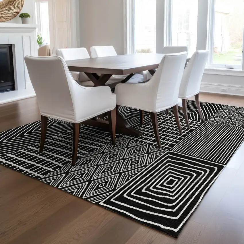 Black And Ivory Geometric Washable Indoor Outdoor Area Rug Photo 9