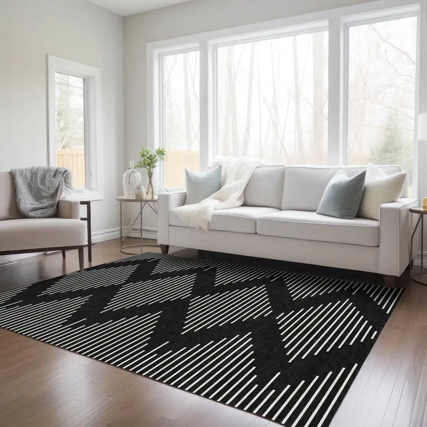 Black And Ivory Geometric Washable Indoor Outdoor Area Rug Photo 9