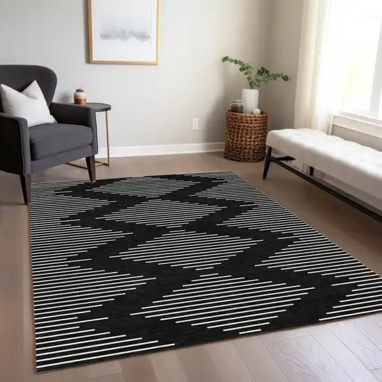Black And Ivory Geometric Washable Indoor Outdoor Area Rug Photo 9