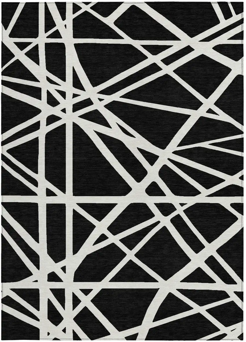 Black And Ivory Geometric Washable Indoor Outdoor Area Rug Photo 8