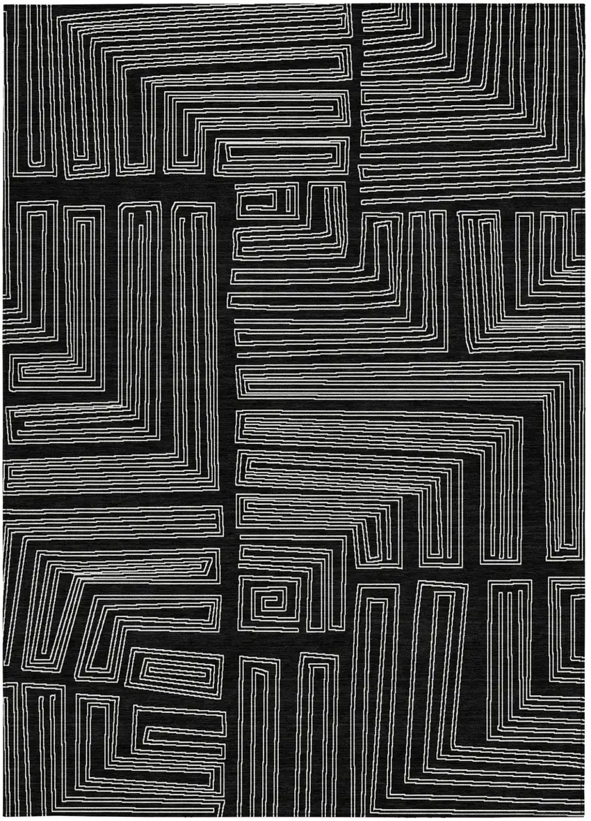 Black And Ivory Geometric Washable Indoor Outdoor Area Rug Photo 5