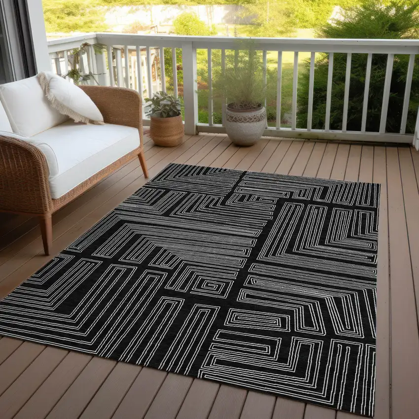 Black And Ivory Geometric Washable Indoor Outdoor Area Rug Photo 6